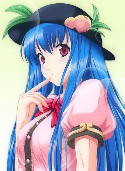 Anime picture 811x1107 with touhou hinanawi tenshi nori tamago single long hair tall image simple background red eyes blue hair finger to mouth girl dress hat
