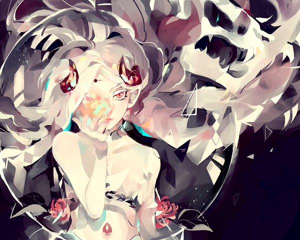 Anime picture 1250x1000 with original kaytseki single long hair looking at viewer red eyes bare shoulders white hair horn (horns) girl flower (flowers) star (stars) fire flame