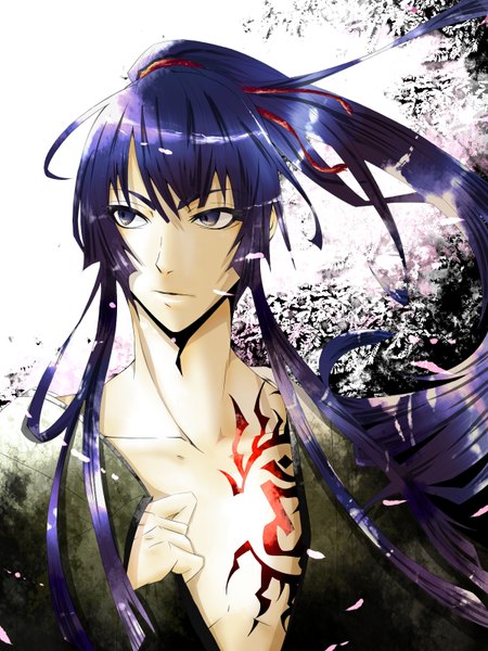 Anime picture 1200x1600 with d.gray-man kanda yuu single long hair tall image simple background white background purple eyes blue hair purple hair ponytail japanese clothes wind open clothes tattoo open shirt lens flare boy ribbon (ribbons) plant (plants)