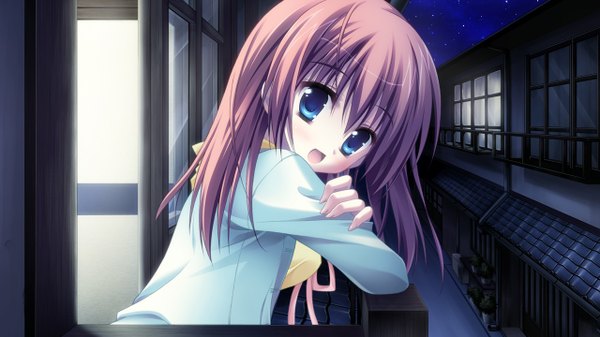 Anime picture 1280x720 with kisaragi gold star (game) open mouth blue eyes brown hair wide image game cg night girl
