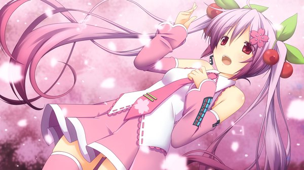 Anime picture 1920x1080 with vocaloid hatsune miku sakura miku yuzuki kei long hair blush highres open mouth red eyes wide image twintails bare shoulders pink hair girl skirt detached sleeves petals necktie food berry (berries)