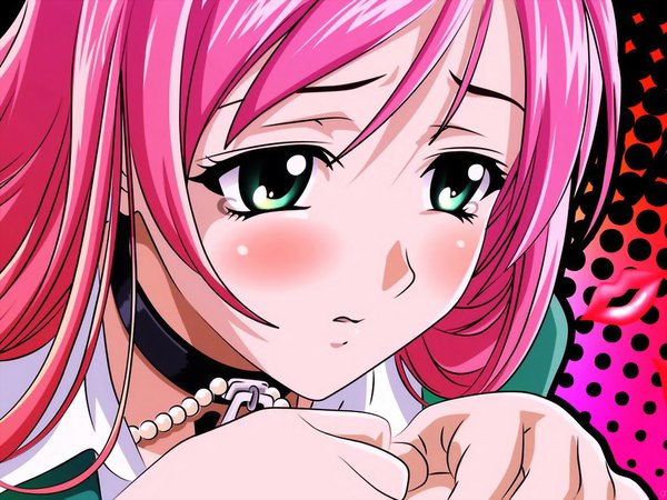 Anime picture 1024x768 with rosario+vampire akashiya moka green eyes pink hair tagme