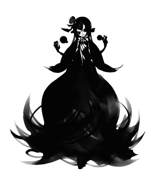 Anime picture 1840x2025 with original kiku (kicdoc) single long hair tall image looking at viewer highres black hair simple background white background twintails black eyes magic monochrome girl dress black dress