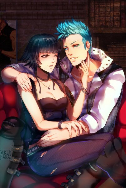 Anime picture 605x900 with bleach studio pierrot grimmjow jeagerjaques soifon akubaka tall image fringe short hair breasts blue eyes sitting purple eyes blue hair cleavage indoors parted lips one eye closed light smile lips wink