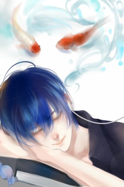 イラスト 1000x1500 と ボーカロイド kaito (vocaloid) gackpokaito ソロ 長身像 前髪 短い髪 青い髪 eyes closed reclining sleeping 男性 食べ物 スイーツ ヘッドフォン 本 魚 キャンディー