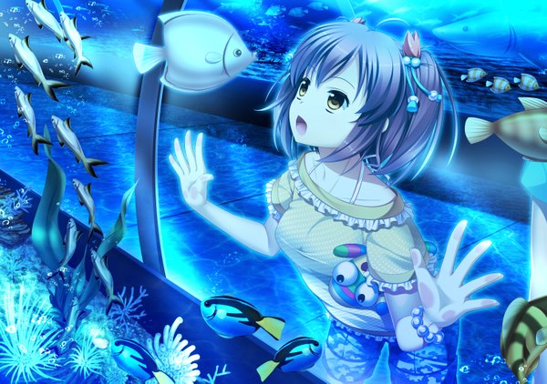 Anime picture 2953x2079 with original 33paradox single highres short hair open mouth brown hair brown eyes girl hair ornament animal fish (fishes) aquarium