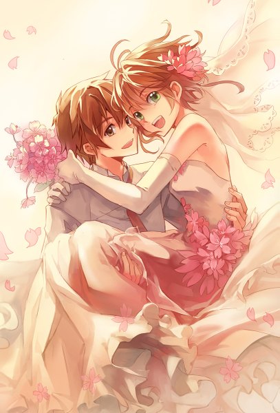 Anime picture 815x1200 with tsubasa reservoir chronicle clamp sakura hime syaoran palesnow feng you tall image fringe short hair open mouth hair between eyes brown hair bare shoulders brown eyes green eyes looking away ahoge hair flower couple carrying