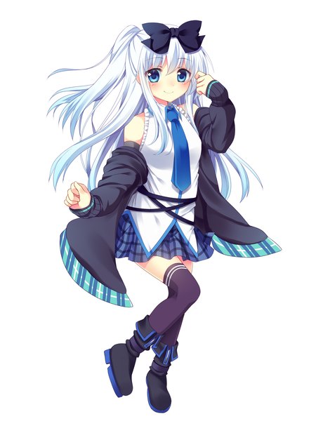 Anime picture 2400x3200 with original kiyu (kiyupapiko) single long hair tall image looking at viewer blush highres blue eyes simple background smile white background white hair girl thighhighs dress bow black thighhighs hair bow necktie