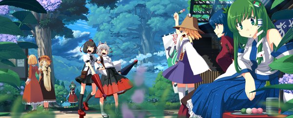 Anime picture 1600x649 with touhou kochiya sanae shameimaru aya inubashiri momiji moriya suwako kagiyama hina kawashiro nitori yasaka kanako aki minoriko aki shizuha takuzui long hair looking at viewer short hair open mouth black hair blonde hair red eyes wide image sitting