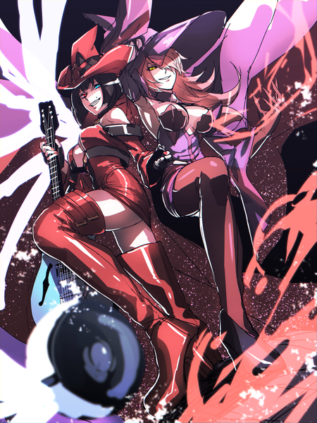 Anime picture 780x1040 with blazblue guilty gear i-no konoe a mercury pizaya long hair tall image fringe short hair breasts light erotic black hair smile large breasts standing multiple girls yellow eyes cleavage bent knee (knees) red hair