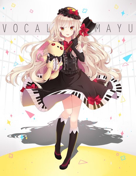 Anime picture 927x1200 with vocaloid mayu (vocaloid) usano mimi hitsukuya single long hair tall image open mouth blonde hair smile yellow eyes inscription shadow goth-loli girl dress gloves weapon elbow gloves thigh boots