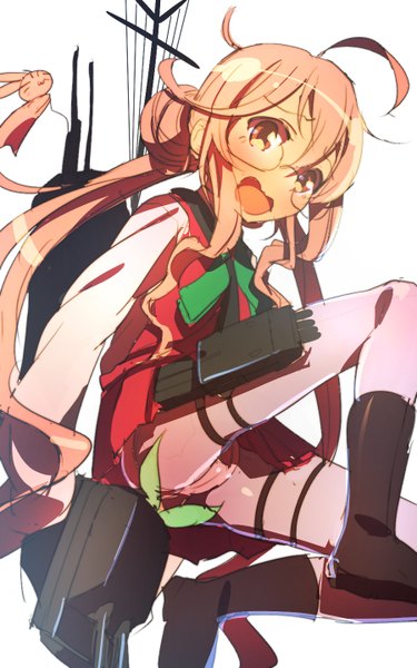 Anime picture 900x1440 with kantai collection makigumo destroyer makigumo (kantai collection) namago single tall image looking at viewer blush open mouth light erotic twintails ahoge very long hair orange hair from below hair bun (hair buns) pantyshot cameltoe weightlessness sketch