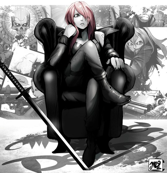 Anime picture 1063x1098 with vocaloid megurine luka jinbei (artist) single long hair tall image looking at viewer fringe sitting bare shoulders pink hair bent knee (knees) nail polish pink eyes hair over one eye open clothes open jacket shadow tattoo crossed legs