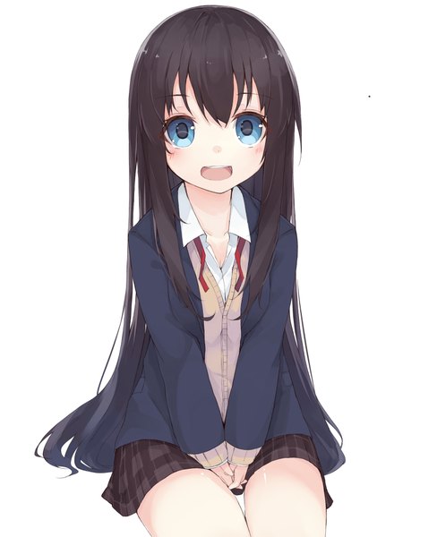 Anime picture 1627x2000 with original kou mashiro single long hair tall image looking at viewer blush fringe open mouth blue eyes black hair simple background white background sitting plaid skirt happy open collar girl skirt uniform