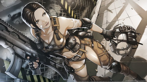 Anime picture 1920x1080 with combat arms mei (combat arms) tagme (artist) single highres short hair brown hair wide image copyright name bandaid on face girl gloves gun bandaid knee pads elbow pads