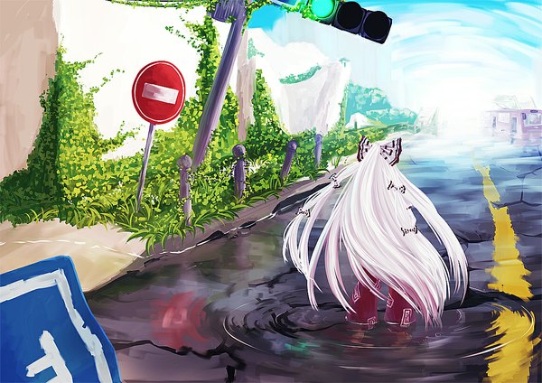 Anime picture 1157x818 with touhou fujiwara no mokou wingedleek (artist) single long hair white hair from behind girl bow hair bow water road traffic sign