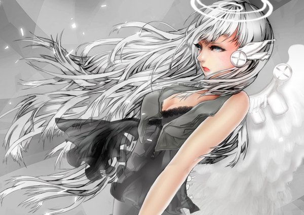 Anime picture 3508x2480 with original gunjouai single long hair blush highres blue eyes bare shoulders absurdres wind grey hair lipstick transparent mechanical wings girl wings headphones halo vest lace