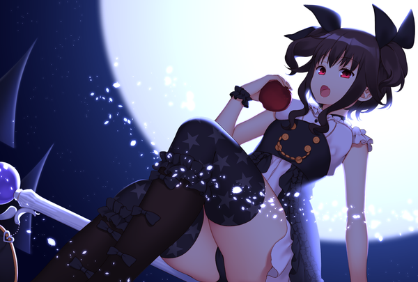 Anime picture 1326x896 with original lio (rumei2265874644) single looking at viewer fringe short hair breasts open mouth light erotic red eyes sitting twintails holding ass night pantyshot night sky thighs looking down wavy hair