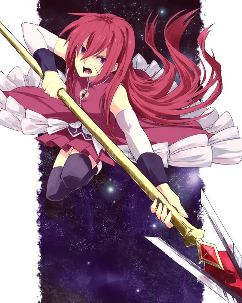 Anime picture 1000x1250 with mahou shoujo madoka magica shaft (studio) sakura kyouko dennou-k single long hair tall image looking at viewer open mouth red eyes ponytail red hair girl thighhighs dress weapon black thighhighs detached sleeves