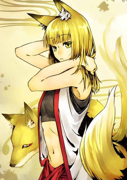Anime picture 2894x4093 with original ganagoa single long hair tall image fringe highres simple background blonde hair animal ears yellow eyes looking away upper body blunt bangs bare belly sleeveless fox ears adjusting hair arm behind head expressionless