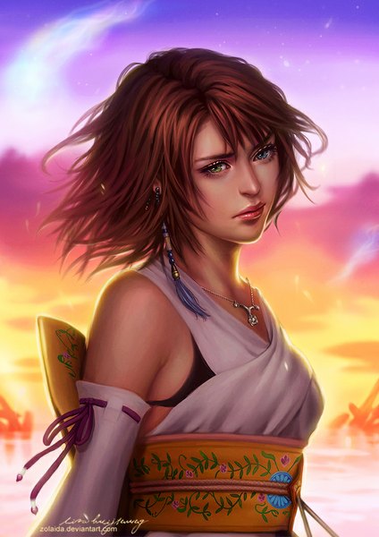Anime picture 742x1050 with final fantasy final fantasy x square enix yuna (ff10) zolaida (artist) single tall image looking at viewer short hair brown hair signed lips realistic heterochromia girl detached sleeves earrings choker pendant obi