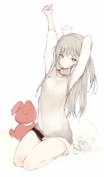 Anime picture 588x1000 with original lpip single long hair tall image looking at viewer fringe simple background white background sitting arm up grey hair grey eyes arm behind head seiza girl hat socks white socks sweater