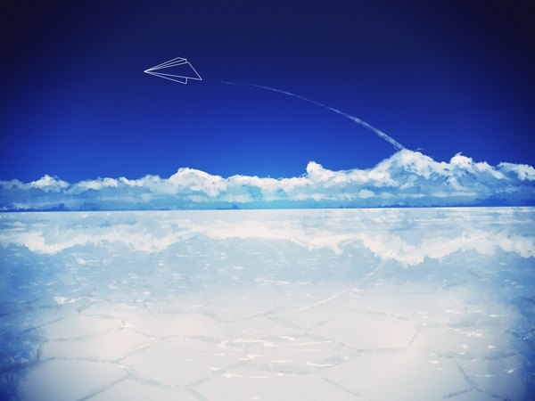 Anime picture 1600x1200 with original ebhr sky cloud (clouds) reflection landscape water sea paper airplane