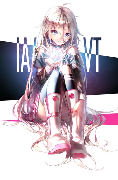 Anime picture 1090x1650 with vocaloid ia (vocaloid) dekatanaba single long hair tall image looking at viewer blue eyes sitting bare shoulders bent knee (knees) white hair braid (braids) pleated skirt twin braids revision glow girl thighhighs skirt