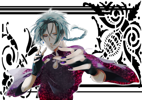 Anime picture 1518x1075 with katekyou hitman reborn fon shoppai (artist) braid (braids) nail polish aqua hair heterochromia chinese clothes boy gloves earrings fingerless gloves