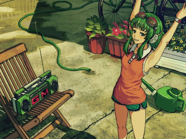 Anime picture 1240x930 with vocaloid gumi horuda single short hair smile green eyes green hair stretch girl flower (flowers) shorts headphones chair ground vehicle goggles headset bicycle hose watering can
