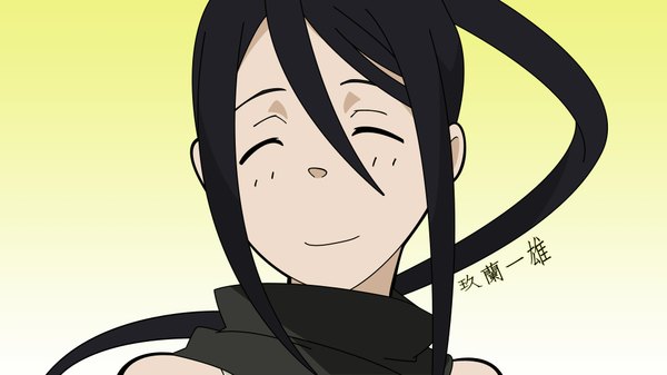 Anime picture 1920x1080 with soul eater studio bones nakatsukasa tsubaki long hair highres black hair smile wide image bare shoulders ponytail eyes closed inscription hieroglyph vector scarf