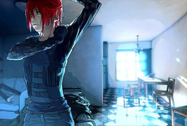 Anime picture 800x539 with fisheye placebo frey (fisheye placebo) robin soloviev yuumei fringe short hair sitting holding green eyes red hair indoors checkered floor floor girl boy window bed chair vest table