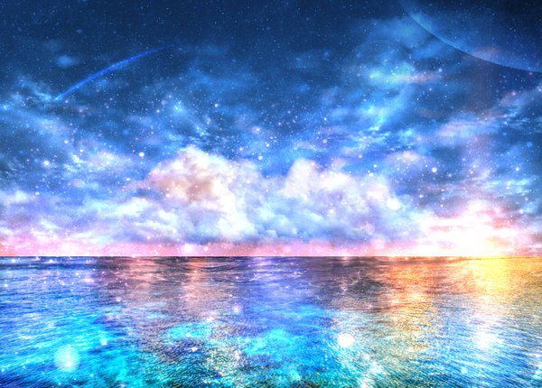 Anime picture 1323x949 with original czy cloud (clouds) sunlight night night sky lens flare reflection horizon no people landscape scenic transparent shooting star 3d water sea star (stars) planet