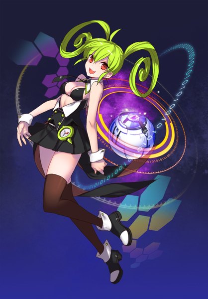 Anime picture 1000x1435 with original empew single tall image looking at viewer short hair breasts light erotic simple background red eyes twintails green hair magic jumping curly hair girl skirt uniform weapon socks