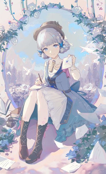 Anime picture 1891x3083 with genshin impact kamisato ayaka kamisato ayaka (springbloom missive) leonlionheart single tall image looking at viewer fringe highres short hair breasts blue eyes smile sitting blue hair sky cloud (clouds) full body blunt bangs long sleeves