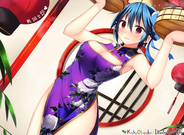 Anime picture 2000x1469 with nisekoi shaft (studio) tsugumi seishirou kaho okashii single looking at viewer blush highres short hair light erotic red eyes blue hair chinese clothes girl chinese dress nikuman