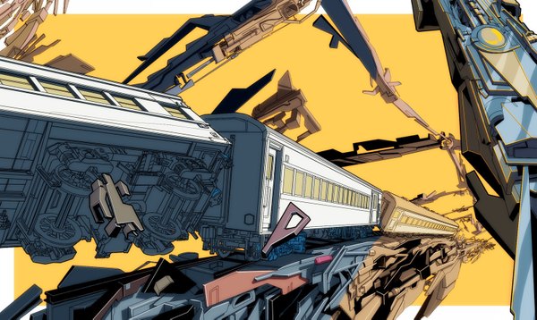 Anime picture 1600x955 with 108 wide image yellow background destruction crash train