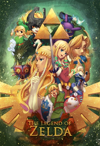 Anime picture 600x877 with the legend of zelda the legend of zelda: twilight princess the legend of zelda: ocarina of time the legend of zelda: majora's mask the legend of zelda: skyward sword nintendo princess zelda link midna sheik lucidsky long hair tall image looking at viewer fringe short hair blue eyes blonde hair multiple girls eyes closed