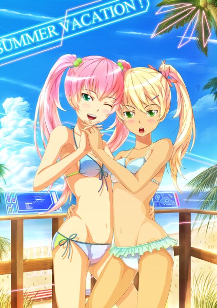 Anime picture 1748x2480 with original kazeno tall image blush highres open mouth blonde hair twintails multiple girls green eyes pink hair one eye closed wink holding hands girl navel 2 girls swimsuit plant (plants) bikini