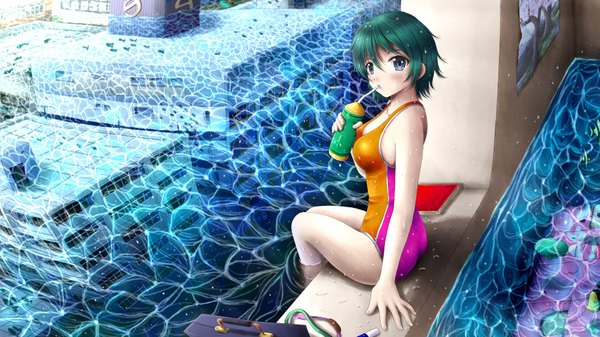 Anime picture 1920x1080 with original ilolamai single blush highres short hair blue eyes wide image looking back green hair reflection drinking girl swimsuit water pool