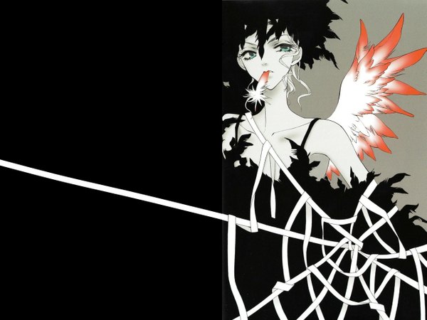 Anime picture 1333x1000 with princess ai blonde hair green eyes aqua eyes grey background black background monochrome wavy hair girl dress wings feather (feathers) bandage (bandages) spider web