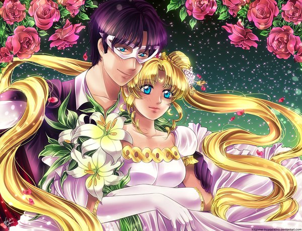 Anime picture 900x689 with bishoujo senshi sailor moon toei animation tsukino usagi princess serenity chiba mamoru prince endymion elena ivlyushkina long hair blush short hair blonde hair twintails purple hair aqua eyes sparkle hair bun (hair buns) leaning leaning forward couple hug