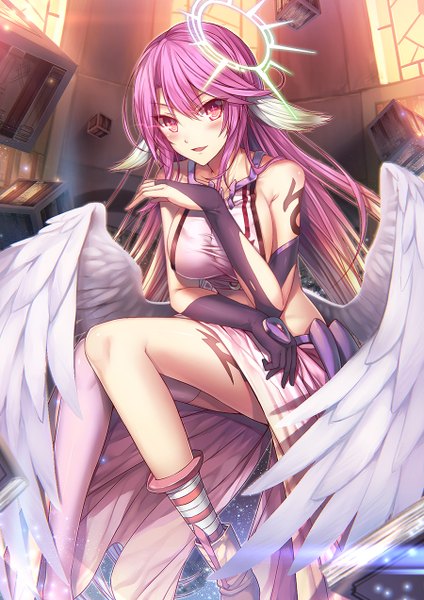 Anime picture 900x1272 with no game no life madhouse jibril (no game no life) luzi (coffee-straw-luzi) single long hair tall image looking at viewer blush fringe breasts open mouth blonde hair smile hair between eyes red eyes large breasts sitting bare shoulders pink hair