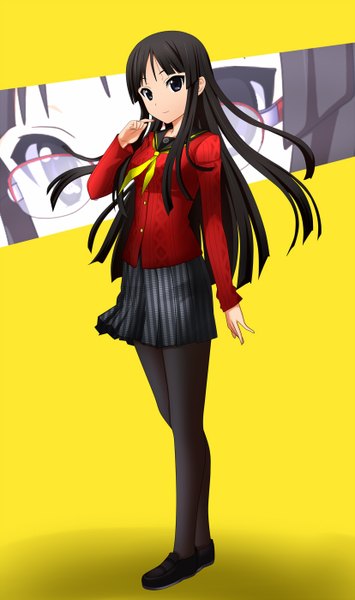 Anime picture 828x1400 with k-on! persona 4 persona kyoto animation akiyama mio kenken single long hair tall image black hair black eyes amagi yukiko (cosplay) girl skirt pantyhose shoes black pantyhose sweater