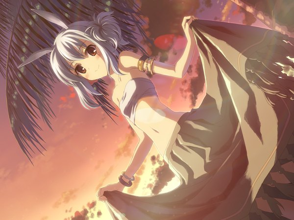 Anime picture 3200x2400 with dj max portable suee yuuki tatsuya single blush highres short hair smile red eyes bare shoulders animal ears absurdres sky cloud (clouds) white hair scan bare belly midriff bunny ears evening
