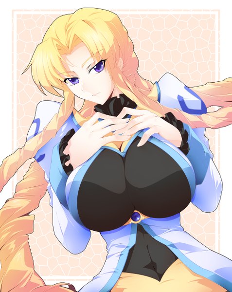 Anime picture 971x1221 with super robot wars marguerite pistail haganef single long hair tall image looking at viewer breasts light erotic blonde hair large breasts purple eyes hand on chest girl dress