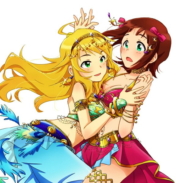 Anime picture 1000x1000 with idolmaster hoshii miki amami haruka koiwai ringo long hair looking at viewer blush short hair open mouth light erotic brown hair bare shoulders multiple girls green eyes cleavage light smile sparkle girl hair ornament bow