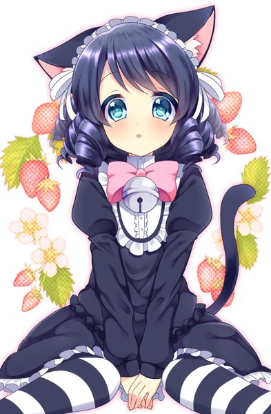 Anime picture 768x1170 with show by rock!! studio bones cyan (show by rock!!) neon ui single tall image looking at viewer blush fringe short hair sitting animal ears blue hair tail long sleeves animal tail aqua eyes cat ears cat girl cat tail