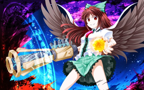 Anime picture 1440x900 with touhou reiuji utsuho tri (pixiv) single long hair red eyes brown hair wide image sky magic scenic arm cannon girl bow weapon hair bow wings