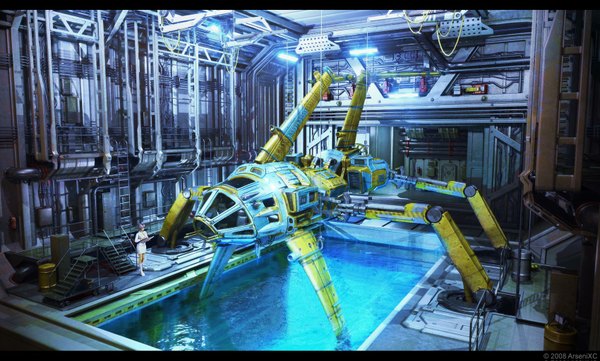 Anime picture 1700x1023 with original arsenixc highres short hair wide image blue hair girl skirt water pool watercraft submarine